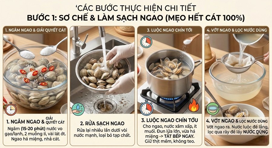 Bước 1: Sơ chế và làm sạch ngao
