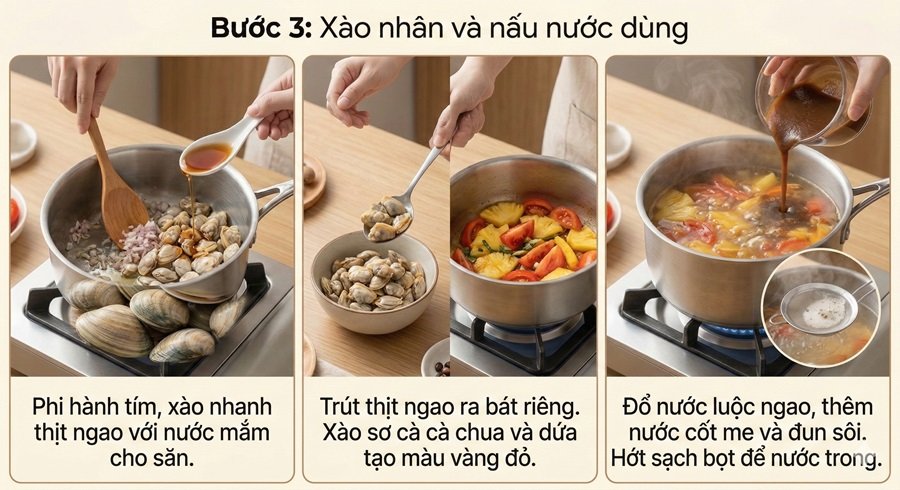 Bước 3: Xào nhân và nấu nước dùng
