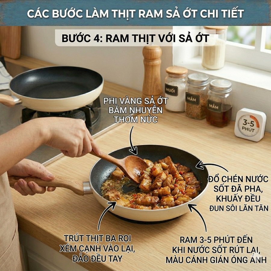 Bước 4: Ram thịt với sả ớt