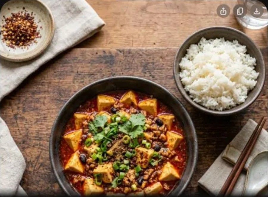 Hình ảnh minh họa món đậu phụ tứ xuyên cay thơm ăn kèm cơm trắng, phong cách trình bày hiện đại