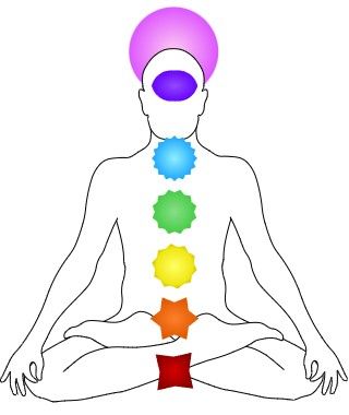 Sơ đồ minh họa vị trí 7 luân xa Chakra dọc theo cột sống cơ thể người
