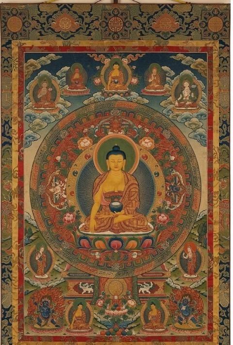 Hình minh họa AI tranh Thangka Phật giáo Tây Tạng với Phật ngồi thiền giữa vòng hào quang