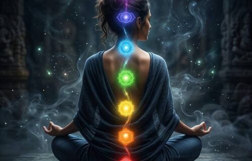 Minh họa AI 7 luân xa (chakra) phát sáng dọc theo cột sống người thiền định