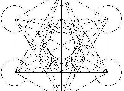 Sơ đồ Khối Lập Phương Metatron với 13 vòng tròn kết nối tạo thành mạng lưới hình học