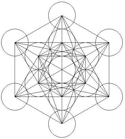 Sơ đồ Khối Lập Phương Metatron với 13 vòng tròn kết nối tạo thành mạng lưới hình học
