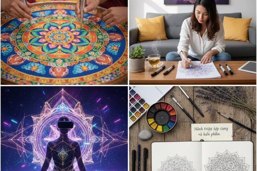 Mandala với hoa văn hình học tròn đối xứng nhiều lớp