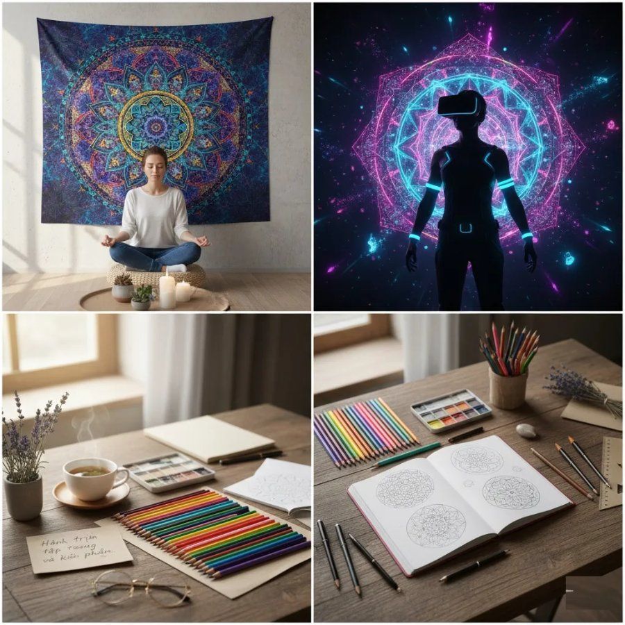 Mandala với hoa văn hình học tròn đối xứng nhiều lớp