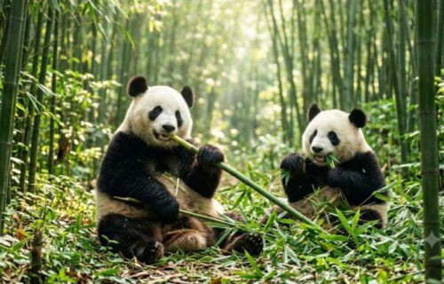 Thumbnail vườn gấu trúc Thành Đô: hai chú gấu trúc khổng lồ ăn tre giữa rừng trúc